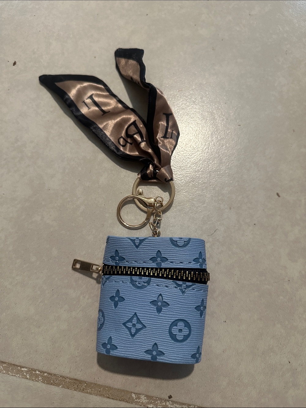 Designer-Inspired light blue Monogram Keychain Pouch with Scarf Tie NWT